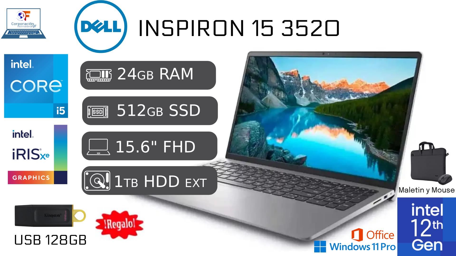Laptop Dell 15 3520 Intel Core I5 12va Gen 24GB RAM 512GB SSD + 1TB HDD EXTERNO + USB 128GB